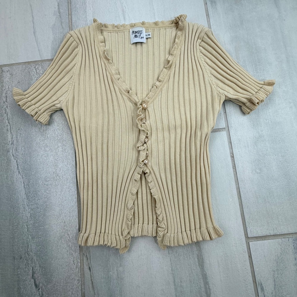 Princess Polly Beige Ribbed Ruffle Pearl Button Short Sleeve Cardigan SM